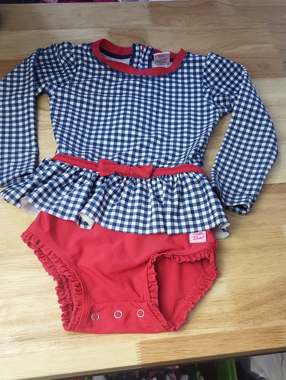 RUFFLE BUTTS Red White Blue Long Sleeve Zippered Snap Crotch Swimsuit - 3T